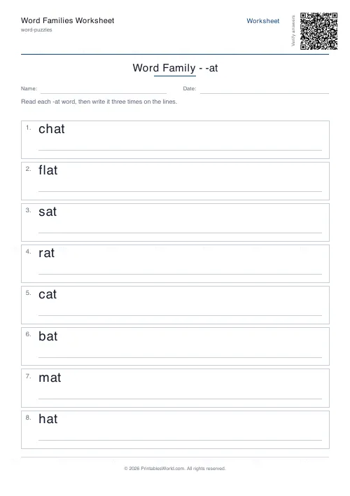 Free printable word family worksheet (8 words), PDF download