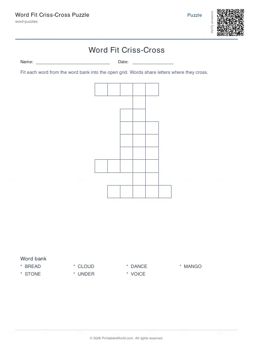 Free printable criss-cross word fit puzzle (Without answers), PDF download