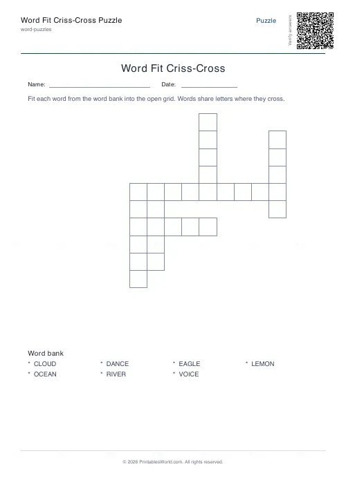 Free printable criss-cross word fit puzzle (With answers), PDF download