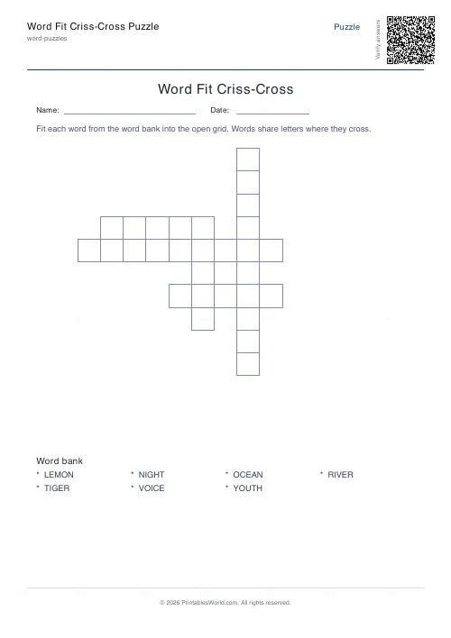 Free printable criss-cross word fit puzzle (Without answers, with answer key), PDF download