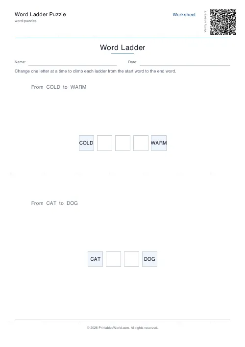 Free printable word ladder puzzle (2 ladders), PDF download