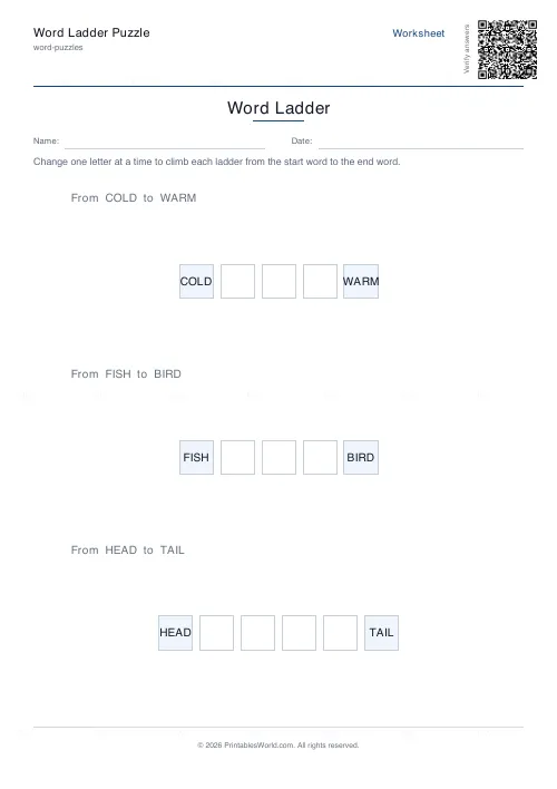 Free printable word ladder puzzle (3 ladders), PDF download
