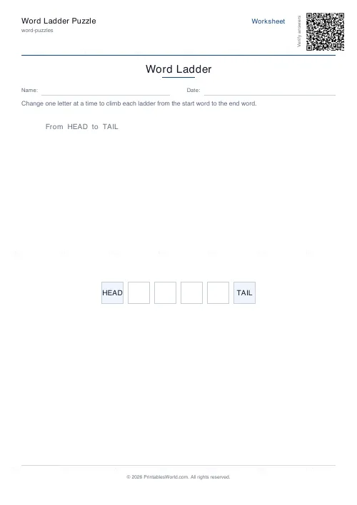 Free printable word ladder puzzle (1 ladder, with answer key), PDF download