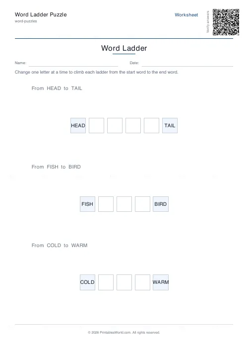 Free printable word ladder puzzle (3 ladders, with answer key), PDF download