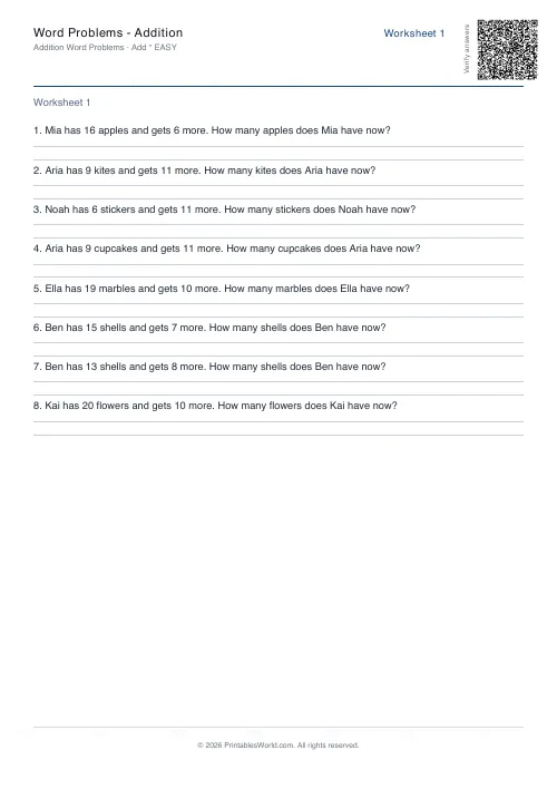 Free printable word Problems — Addition PDF — sheet 10