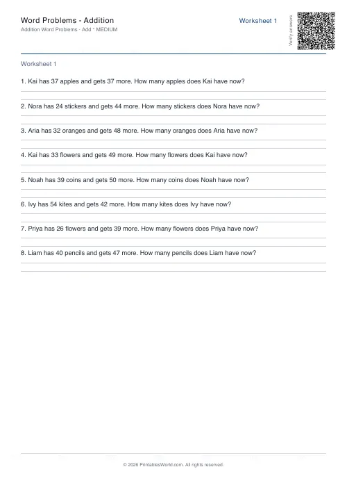 Free printable word Problems — Addition PDF — sheet 11