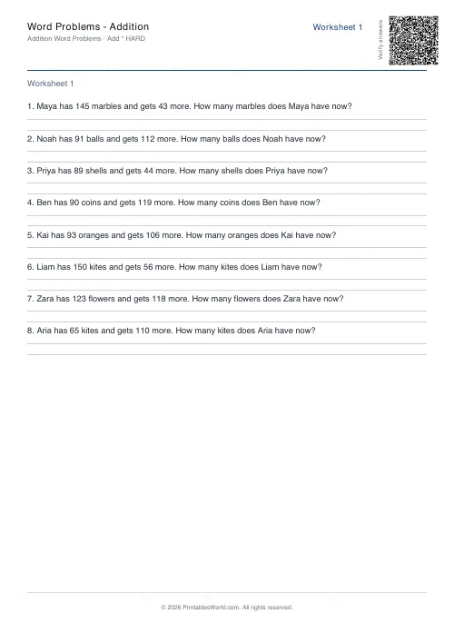 Free printable word Problems — Addition PDF — sheet 12