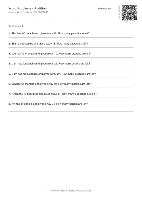 Free printable word Problems — Addition PDF — sheet 2