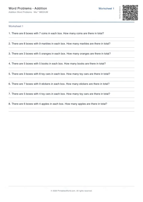 Free printable word Problems — Addition PDF — sheet 3