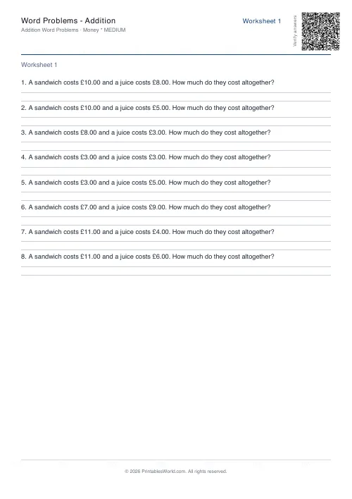 Free printable word Problems — Addition PDF — sheet 5