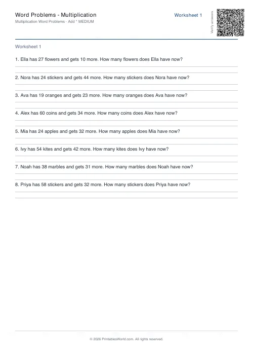 Free printable math word problems worksheet — Addition — PDF download