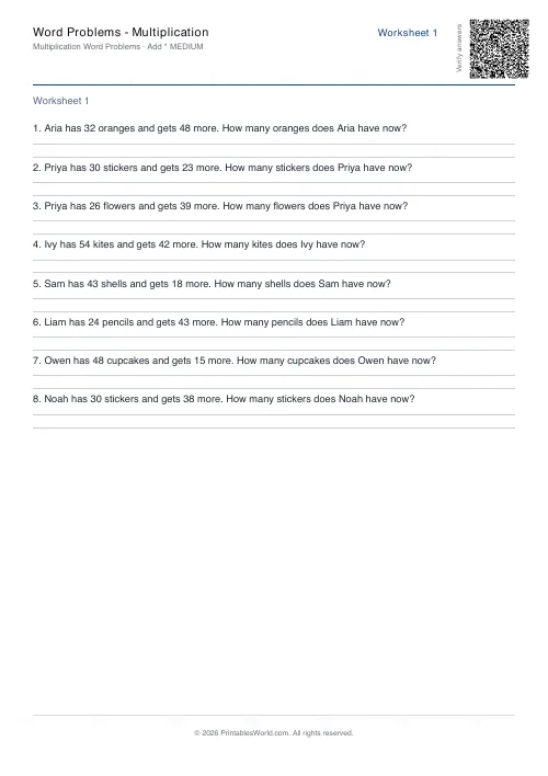 Free printable math word problems worksheet — Addition, with answer key — PDF download