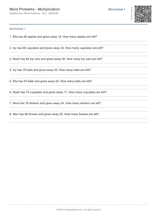 Free printable math word problems worksheet — Subtraction — PDF download
