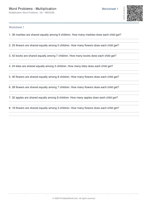 Free printable math word problems worksheet — Division — PDF download