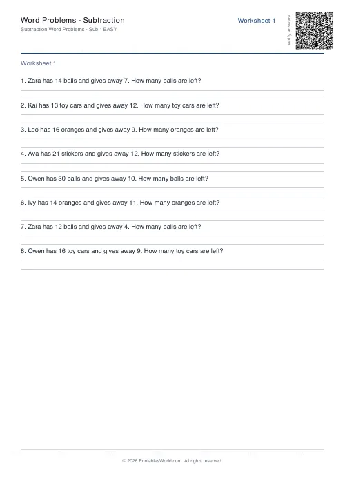 Free printable math word problems worksheet — Easy — PDF download