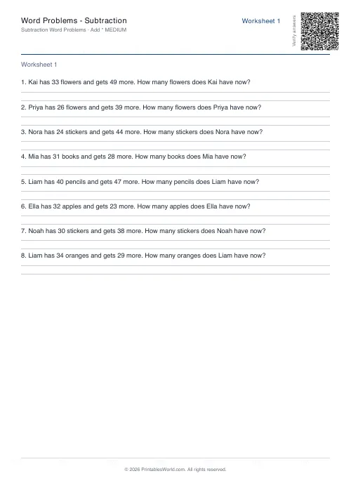 Free printable math word problems worksheet — Addition, with answer key — PDF download