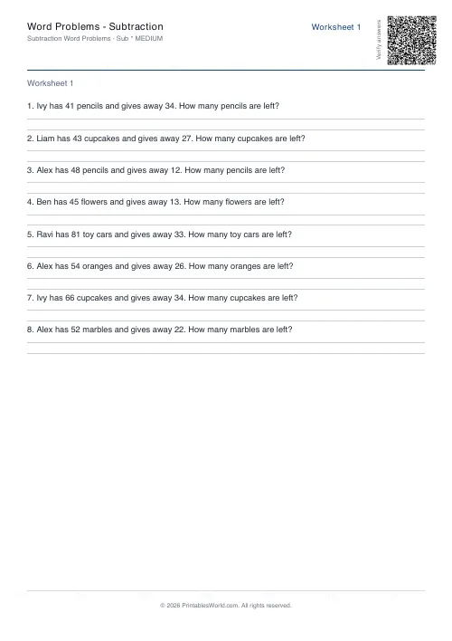 Free printable math word problems worksheet — Subtraction — PDF download