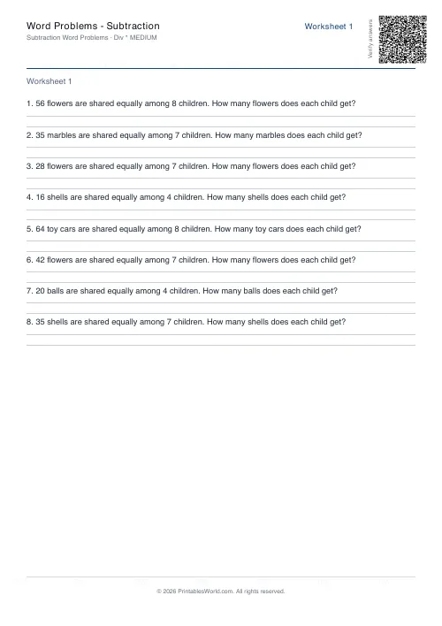 Free printable math word problems worksheet — Division — PDF download