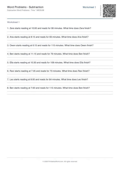 Free printable math word problems worksheet — Time — PDF download