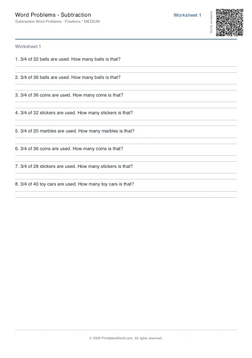 Free printable math word problems worksheet — Fractions — PDF download