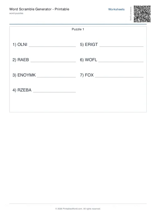 Free printable word scramble worksheet — Easy — PDF download