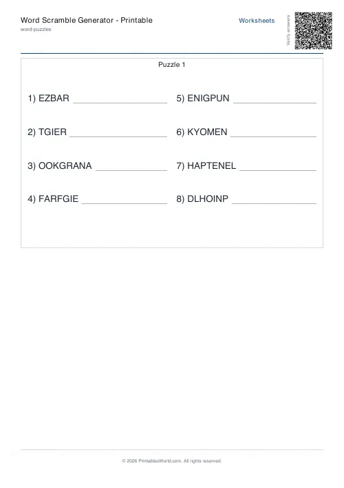Free printable word scramble worksheet — 15 words, with answer key — PDF download