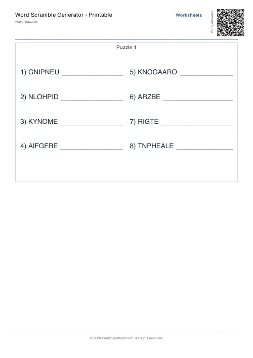Free printable word scramble worksheet — Medium — PDF download