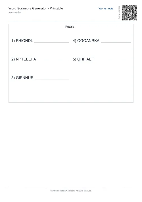 Free printable word scramble worksheet — Hard — PDF download