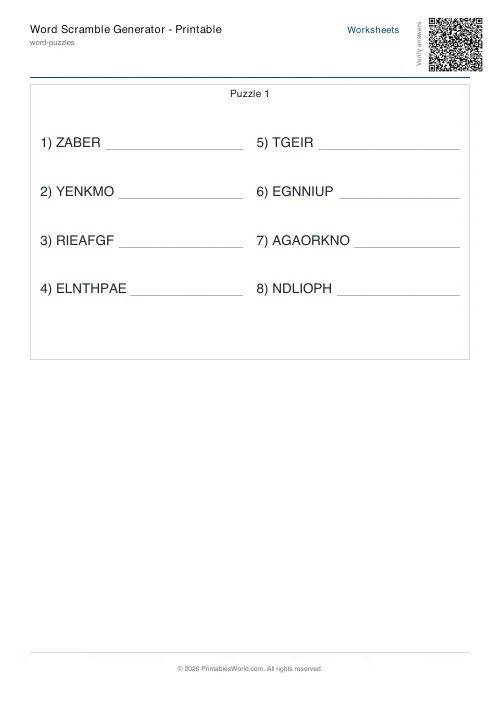 Free printable word scramble worksheet — 8 words — PDF download