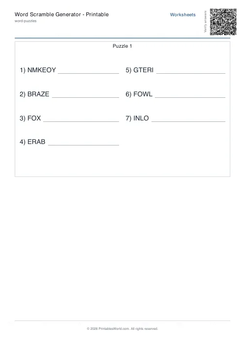 Free printable word scramble worksheet — Easy, with answer key — PDF download