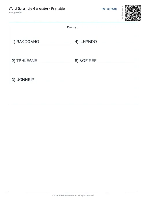 Free printable word scramble worksheet — Hard, with answer key — PDF download