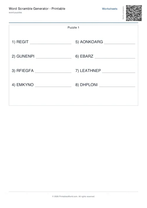 Free printable word scramble worksheet — 8 words, with answer key — PDF download