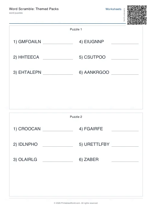 Free printable word scramble worksheet (Easy), PDF download
