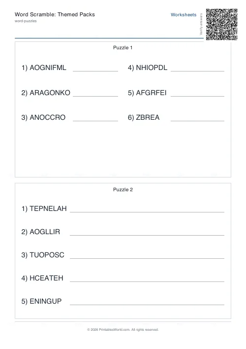 Free printable word scramble worksheet (15 words, with answer key), PDF download