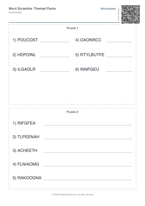 Free printable word scramble worksheet (Hard), PDF download