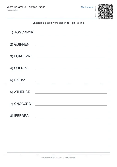 Free printable word scramble worksheet (8 words), PDF download