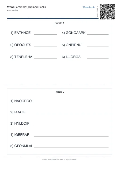 Free printable word scramble worksheet (15 words), PDF download