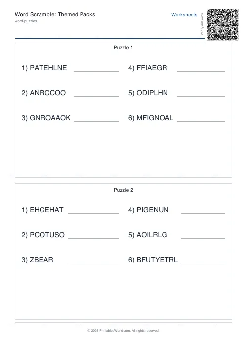 Free printable word scramble worksheet (Easy, with answer key), PDF download