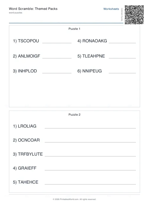 Free printable word scramble worksheet (Hard, with answer key), PDF download