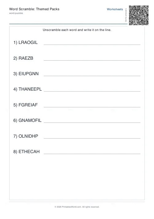 Free printable word scramble worksheet (8 words, with answer key), PDF download