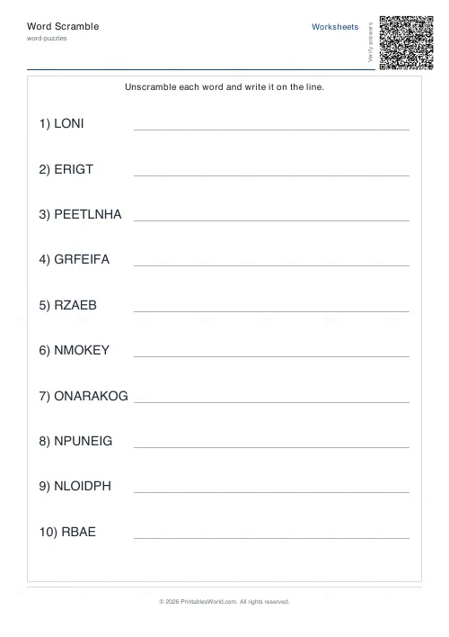 Free printable word scramble worksheet (Easy), PDF download
