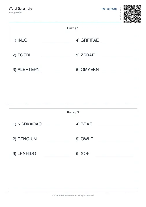Free printable word scramble worksheet (15 words, with answer key), PDF download