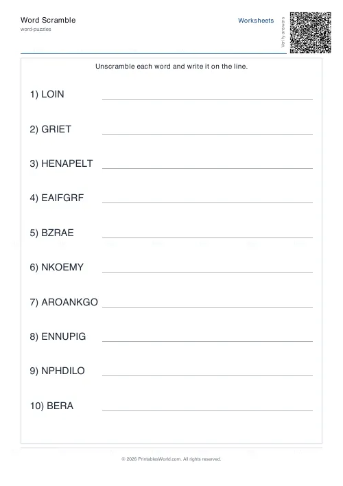 Free printable word scramble worksheet (Medium), PDF download