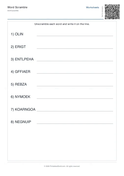 Free printable word scramble worksheet (8 words), PDF download