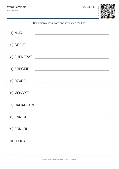 Free printable word scramble worksheet (Easy, with answer key), PDF download