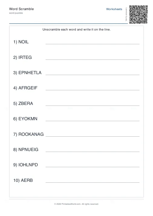 Free printable word scramble worksheet (Medium, with answer key), PDF download