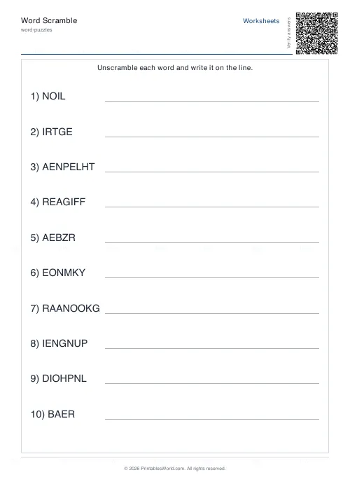 Free printable word scramble worksheet (Hard, with answer key), PDF download