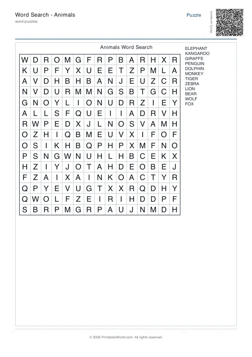 Free printable word search puzzle — Forwards only, with answer key — PDF download