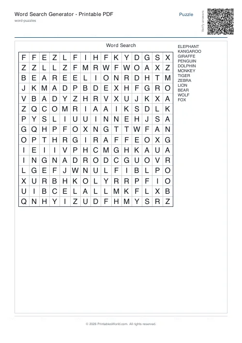 Free printable word search puzzle — With diagonals, with answer key — PDF download