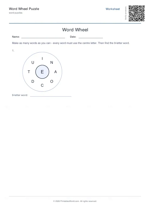 Free printable word wheel puzzle (1 wheel), PDF download